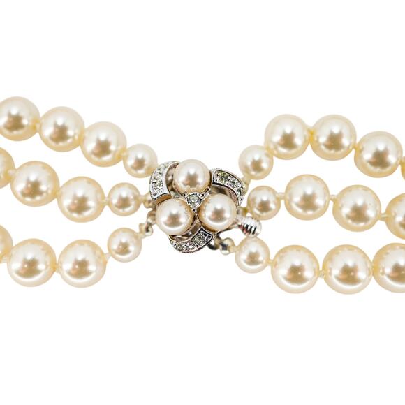 NOS - Classic Triple-Strand Faux Pearl Choker Necklace with Rhinestone Clasp - Picture 4 of 10